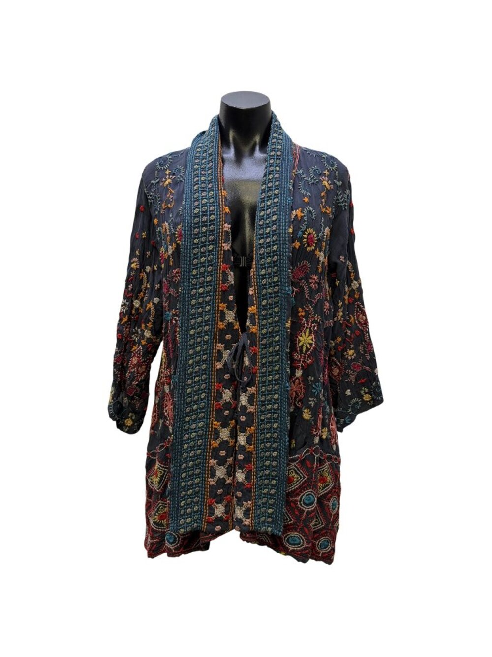 Johnny Was Blue Multi Embroidered Open Front Cardigan L